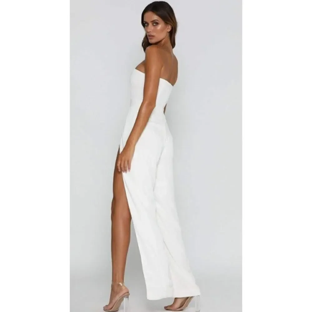 Meshki Livia‎ Jumpsuit Women's Medium White Open Leg Strapless Gold Logo